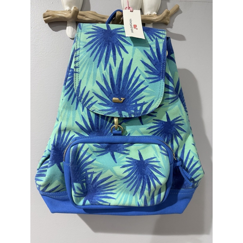 Vineyard Vines Backpack Azure Blue Abstract Leaf Striped Canvas Aquamarine P